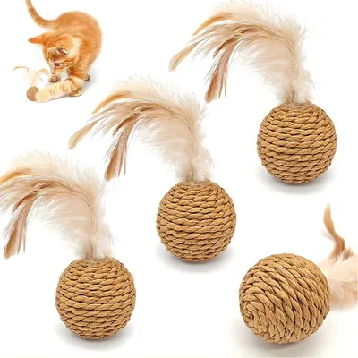 Woven Cat Ball with Bell and Feather, 5 cm