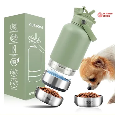 Insulated 1 L Dog Travel Bottle with Two Stainless Steel Bowls