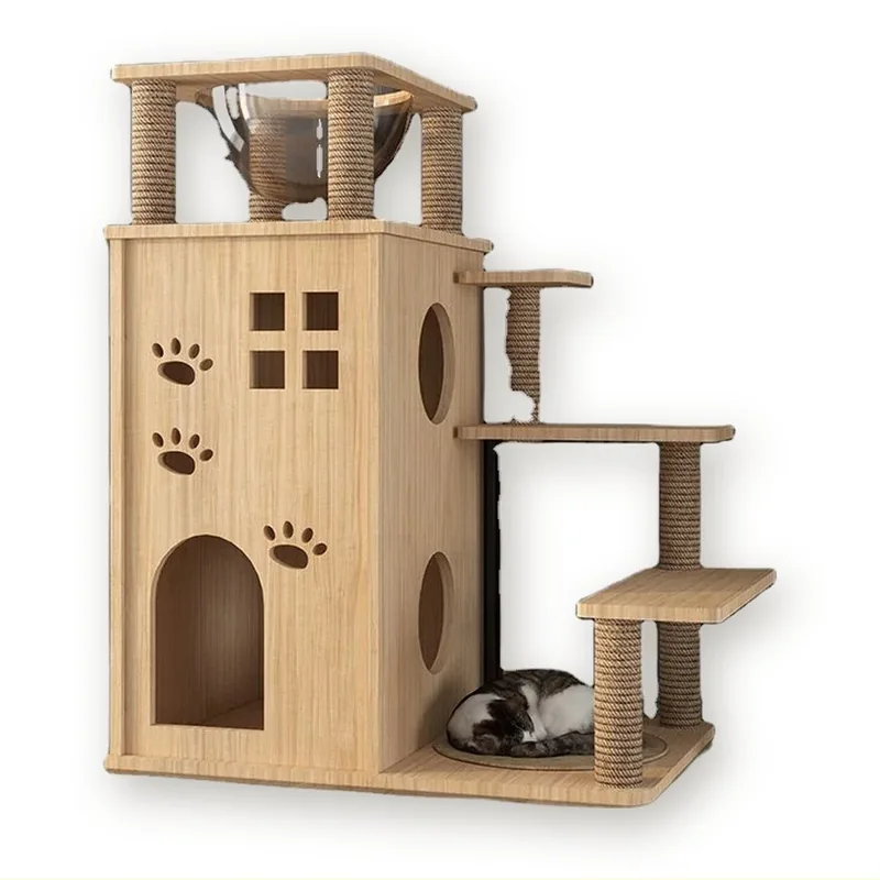 Solid Wood Cat House with Scratching Posts and Lookout Bed