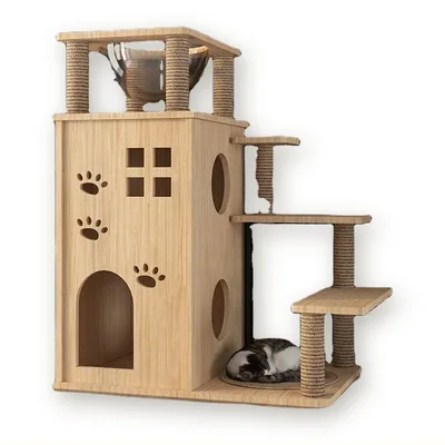 Solid Wood Cat House with Scratching Posts and Lookout Bed