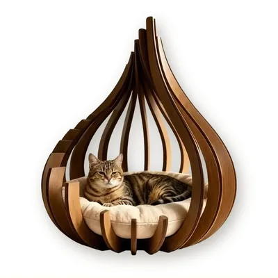 Wooden Cocoon Cat Bed with Removable Cushion