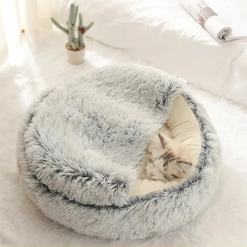 Round Fluffy Hooded Cave Bed for Cats and Dogs