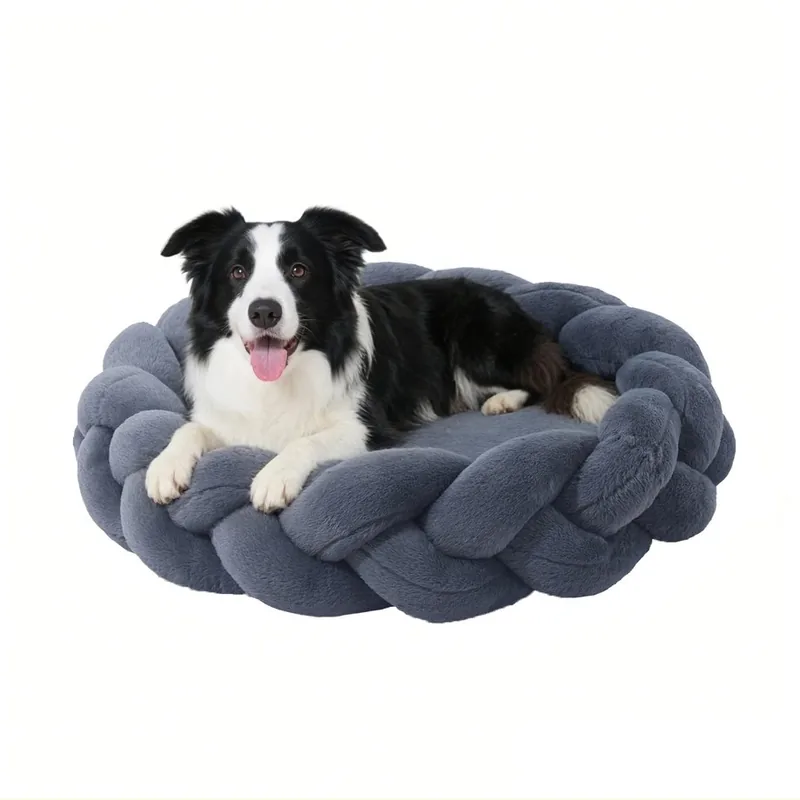 Rundes geflochtenes Hundebett mit abnehmbarem Bezug, Ø60–100 cm