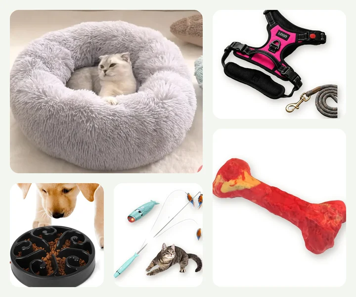 Dog and cat accessories from the PetsIQ catalogue: bed, toys, bowl and harness